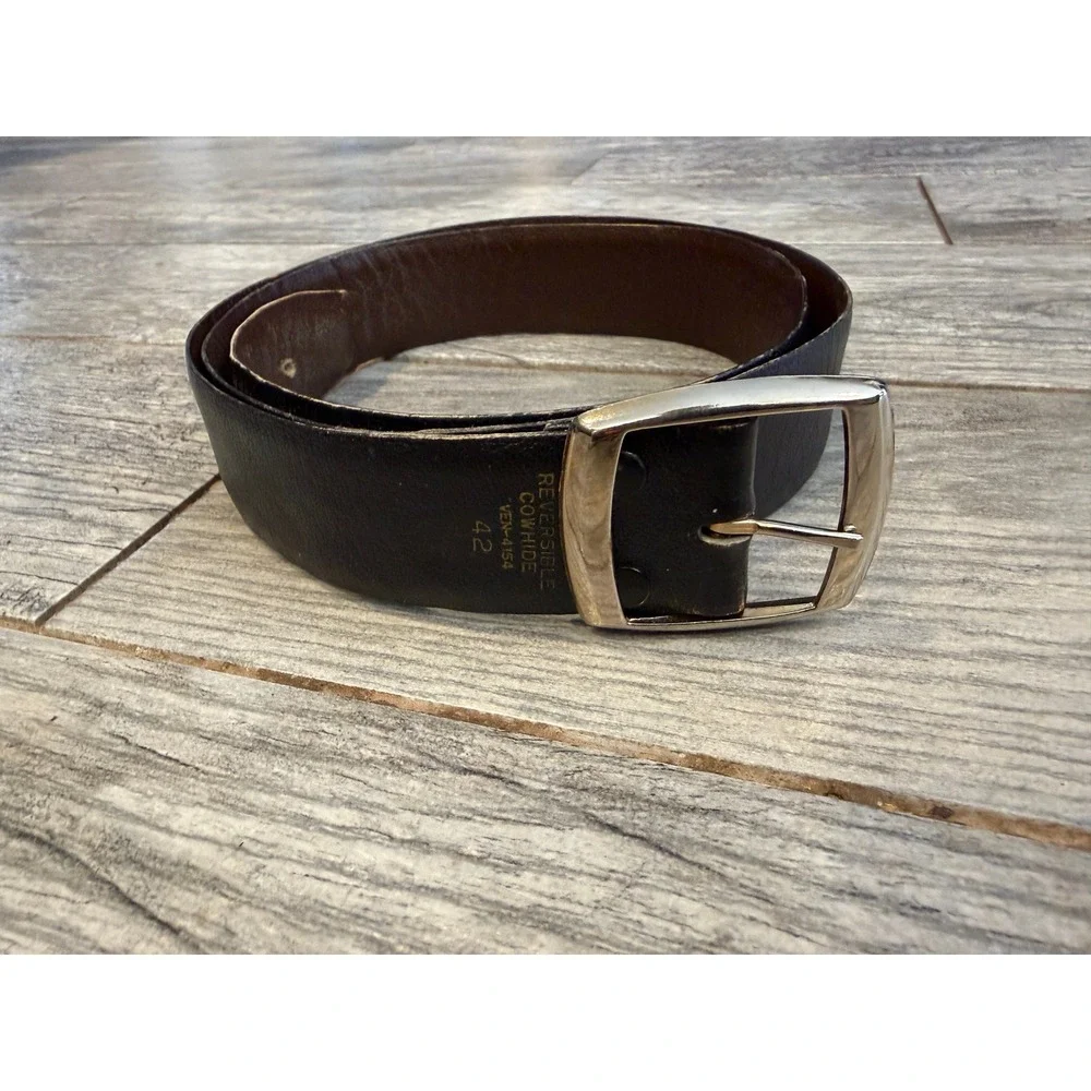 Reversible Belt Mens 42 Black Brown Cowhide Leather Silver Buckle Western 4154